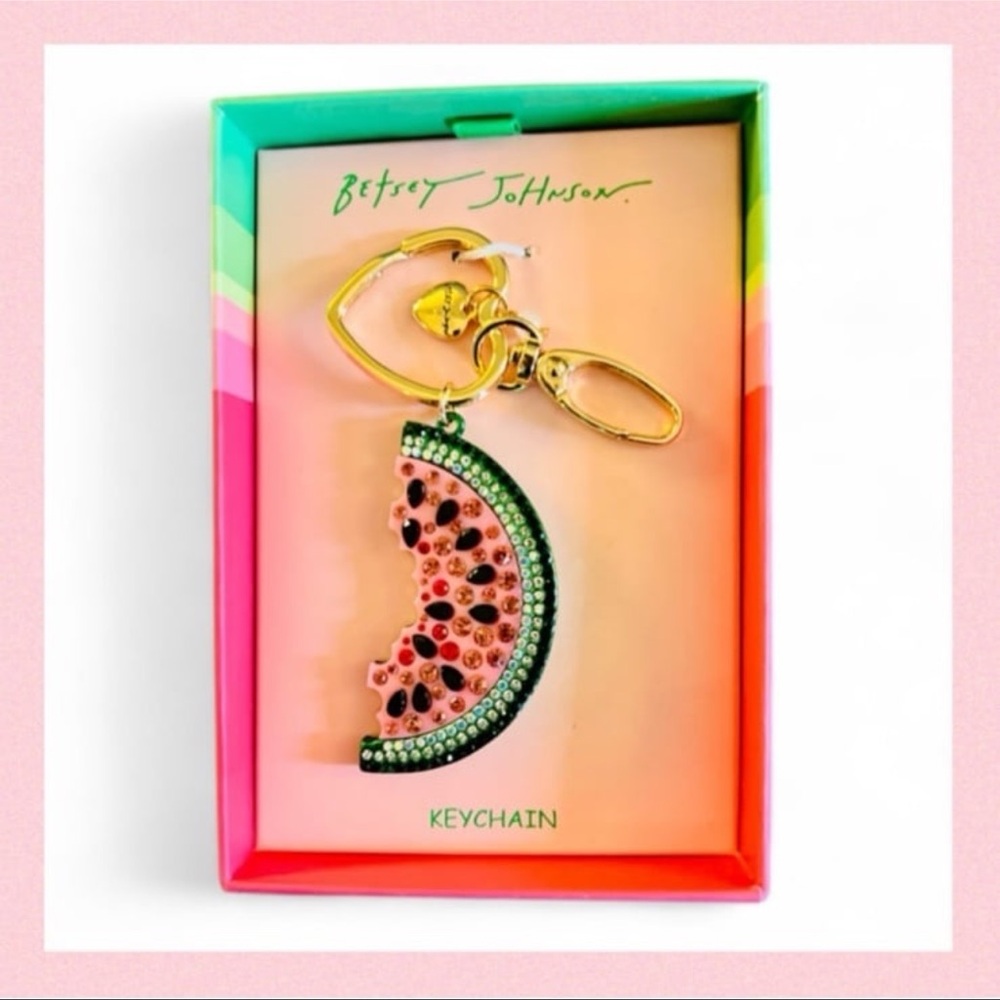🍉BETSEY JOHNSON Crystal Watermelon Key Fob Bag Charm Keychain Pink Green Gold